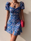 Women'S Summer Fashion Puff Sleeve Floral Square Neck Button Decoration Mini Summer Female Dress