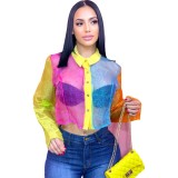 Women Spring Summer Fashion Colorblock Sexy See-Through Shirt