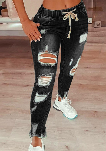 Calças femininas cintura média com cadarço elásticas justas rasgadas jeans