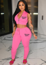Women Casual Zipper Letter Print Top and Pants Two-Piece Set