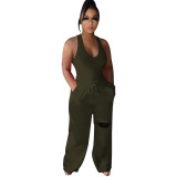 Women Solid Color U-Neck Tank Top and Ripped Wide-Leg Pants Two-Piece Set