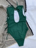 Women Sexy Solid Pleated Lace Up One-Piece Swimwear