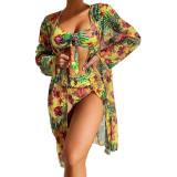 Women Mesh Print Beach Cover Up Swimwear Three-Piece