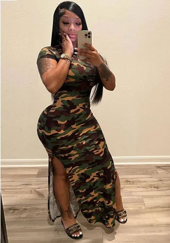 Women Camouflage Print Slit Short Sleeve Dress