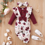 Girls Spring and Autumn Solid Color Long-sleeved Top + Flower Printed Suspenders Three-Piece