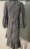 Printed skirt sense lantern sleeves spring irregular drawstring fishtail Bodycon Dress for women