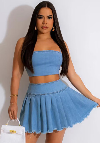 Sexy and fashionable Casual Denim Strapless sling folded skirt two-piece set