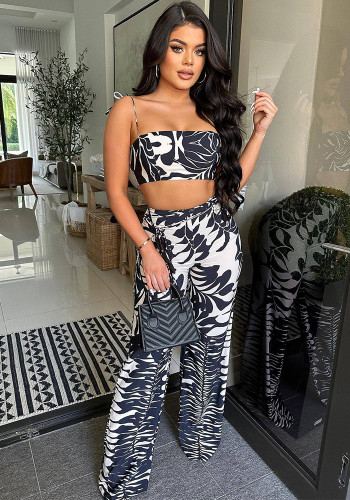 Women's Spring Summer Print Holidays Style Suspenders Wrapped Bust Wide-Leg Pants Two-Piece Set