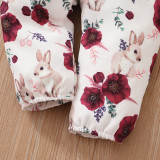 Girls Spring and Autumn Solid Color Long-sleeved Top + Flower Printed Suspenders Three-Piece