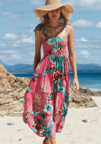 Sommer Damen Urlaub Sling Lace-Up Print Langes Kleid