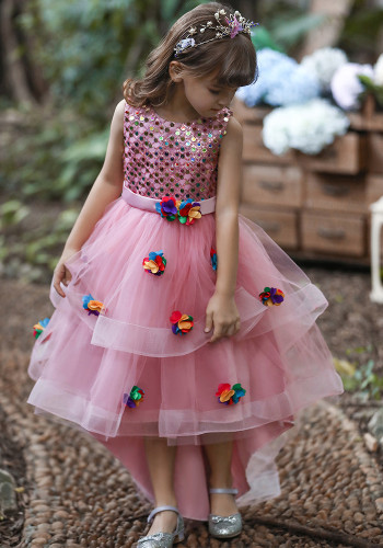 Robe de princesse pour enfants filles maille fleur gilet traînant robe jupe piano performance vêtements