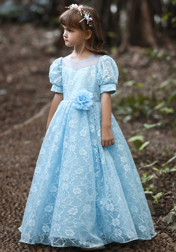 Robe de soirée de défilé pour enfants filles dentelle fleur princesse jupe en maille moyen et grands enfants robe moelleuse