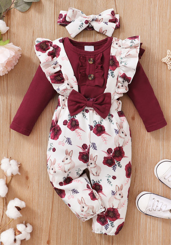 Meninas Primavera e Outono Blusa de mangas compridas de cor sólida + suspensórios estampados com flores de três peças