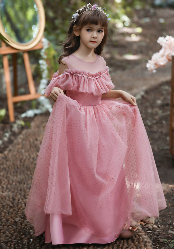 Kızların elbisesi büyük çocuk örgü dalga noktası elbisesi küçük çocuk prenses elbisesi askılı elbise