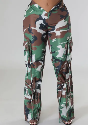 Camouflage pattern pleated strings pants