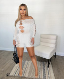 Spring Summer Ribbed Mesh Pearl Buckle Off Shoulder Sexy Cargo Rompers
