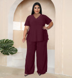 Women's Fashion Plus Size Solid V-Neck Side Lace-Up Two-Piece Set