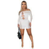 Spring Summer Ribbed Mesh Pearl Buckle Off Shoulder Sexy Cargo Rompers