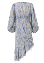 Bedruckter Rock mit Laternenärmeln, Feder, Fischschwanz, figurbetontes Kleid mit unregelmäßigem Kordelzug für Frauen