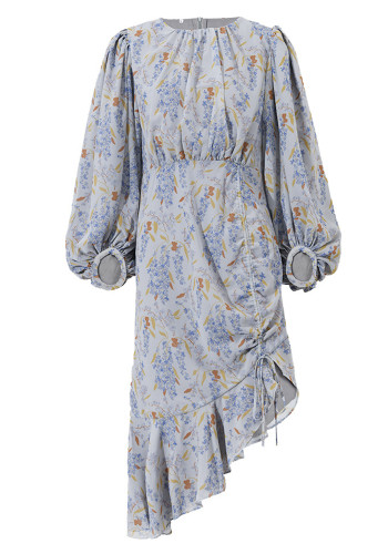 Printed skirt sense lantern sleeves spring irregular drawstring fishtail Bodycon Dress for women
