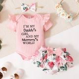 Girls Spring and Autumn Letter Print Short Sleeve Top + Floral Shorts Three-Piece