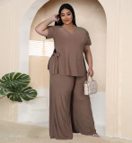 Women's Fashion Plus Size Solid V-Neck Side Lace-Up Two-Piece Set