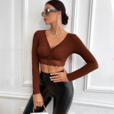 V-Neck Solid Color Women'S Top Basics Slim-Fit Long-Sleeved T-Shirt Women'S Clothing