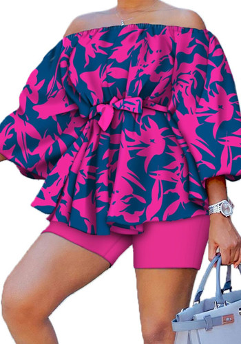 Women'S Fashion Print Off Shoulder Puff Sleeve Top Shorts Two Piece Set