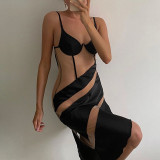 Spring And Summer Women'S Straps V-Neck Fashion Color Contrast See-Through Slim Mesh Dress