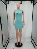 Women'S Ribbed Print Zip Sleeveless Bodycon Dress