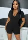 Women'S Solid Short Sleeve Turndown Collar Button Up Rib Tight Fitting Casual Jumpsuit