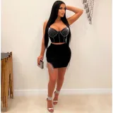 Sexy Beaded Two-Piece Straps Top And Tassels Skirt Clubwear