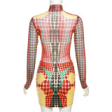 Spring Women'S Street Trendy Fashion Round Neck Long-Sleeved Printing Zipper Skirt Set