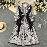 Spring And Autumn Lantern Sleeves Turndown Collar Single-Breasted Button Printed Dress Women Slim Waist Swing Long Dress