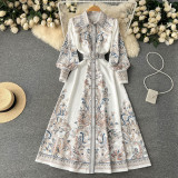 Spring And Autumn Lantern Sleeves Turndown Collar Single-Breasted Button Printed Dress Women Slim Waist Swing Long Dress