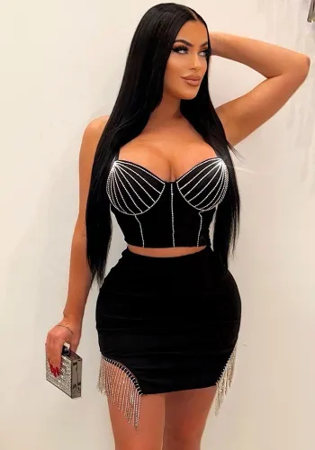 Sexy Beaded Two-Piece Straps Top And Tassels Skirt Clubwear