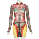 Spring Women'S Street Trendy Fashion Round Neck Long-Sleeved Printing Zipper Skirt Set