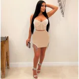 Sexy Beaded Two-Piece Straps Top And Tassels Skirt Clubwear
