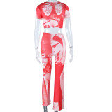 Women Character Print Round Neck and High Waist Wide Leg Pants Two-Piece Set