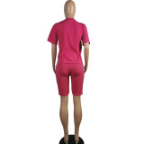 Women Clothing Solid V-Neck Tshirt+Pocket Shorts Two-Piece Set