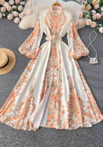 Spring New Retro Court Style Print Laternenärmel Stehkragen Einreihiges Swingkleid mit hoher Taille Langes Kleid