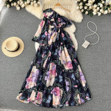 Spring and Autumn One Shoulder Bell Bottom Sleeve Slim Waist Floral Dress Women's Pleated Knee Swing Holidays Long Dress