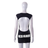 Women Sexy Solid Reflective Letter Print Backless Sleeveless Mini Dress