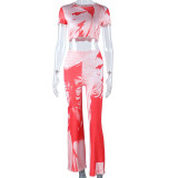 Women Character Print Round Neck and High Waist Wide Leg Pants Two-Piece Set