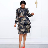Women's Digital Print Fashion Women's High Waisted Chic Cascading Ruffles Dress African Dress