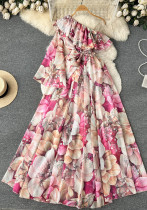 Primavera e autunno monospalla con fondo a campana manica vita sottile abito floreale abito lungo da donna con pieghe al ginocchio