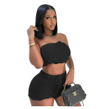 Women Casual Knitting Strapless Tube Top and Shorts Two-Piece Set