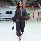 Women'S Slim Waist Metal Zipper Long Sleeve Casual Cargo Jumpsuit