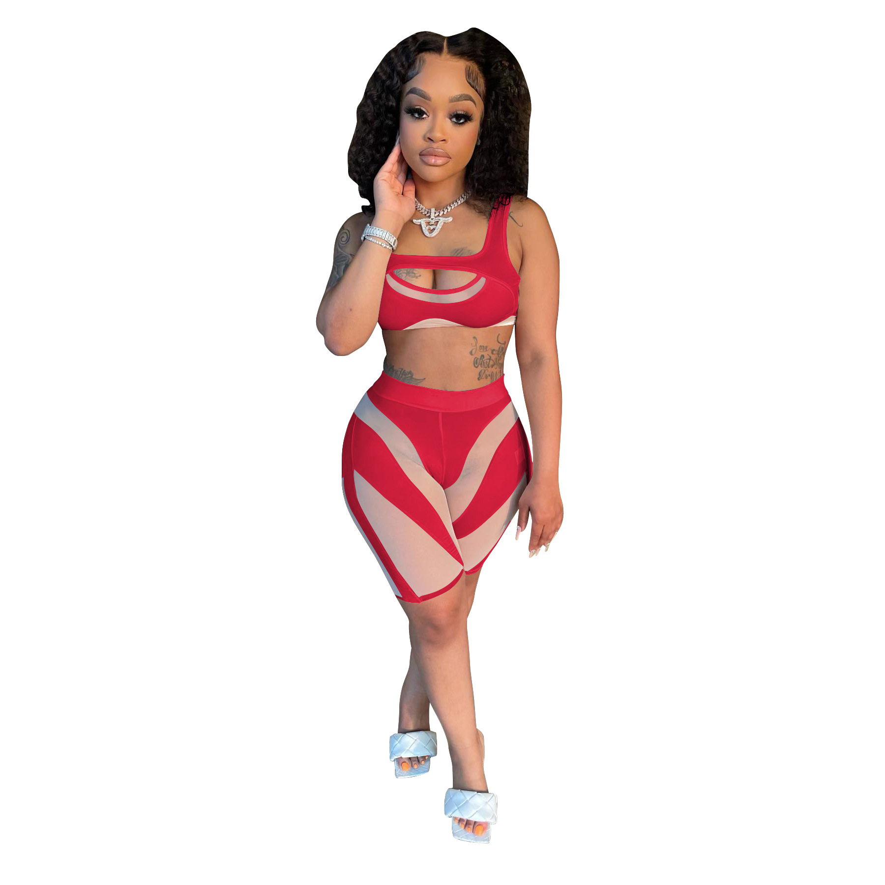 Two Piece Dress Mesh Patchwork Two Piece Set Women Sexy Mock Neck Short  Sleeve Cleavage Crop Tops Skinny Transparent Shorts Workout Suits T230113  From Bailixi04, $11.84