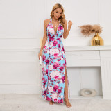 Sexy Printed Deep V Neck Lace-Up Halter Dress Summer Maxi Dress